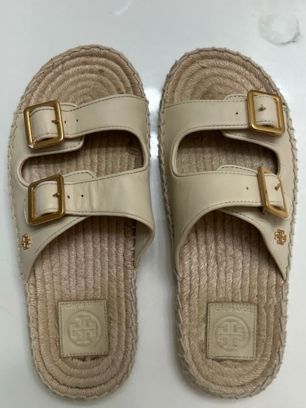 Tory Burch Cream Double-Strap Espadrille Slides with Gold Buckles